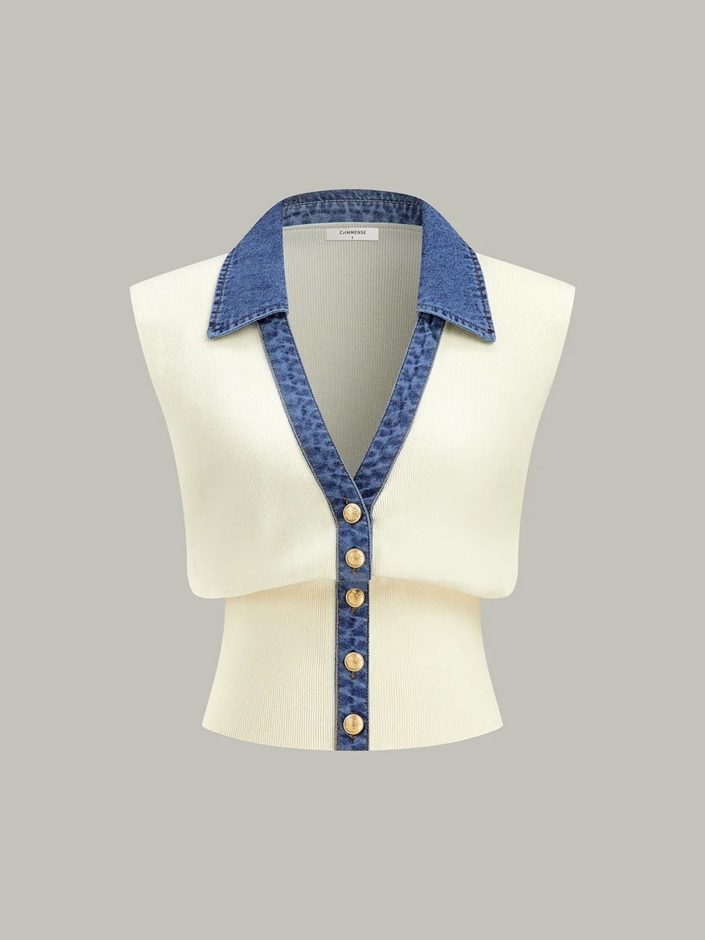Denim Trim Metal Button Knit Vest